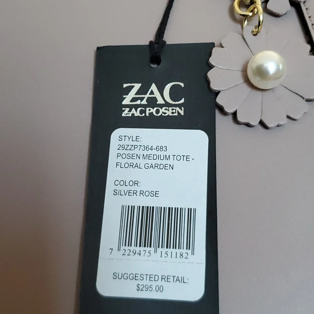 NWT Zac Posen Medium Tote Bag Floral applique key chain charms Leather Suede Hot - Picture 7 of 9